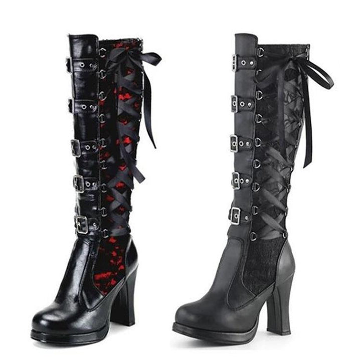 Fashion Chunky Rivet Long Black Platform Boots For Women - fashionshoeshouse