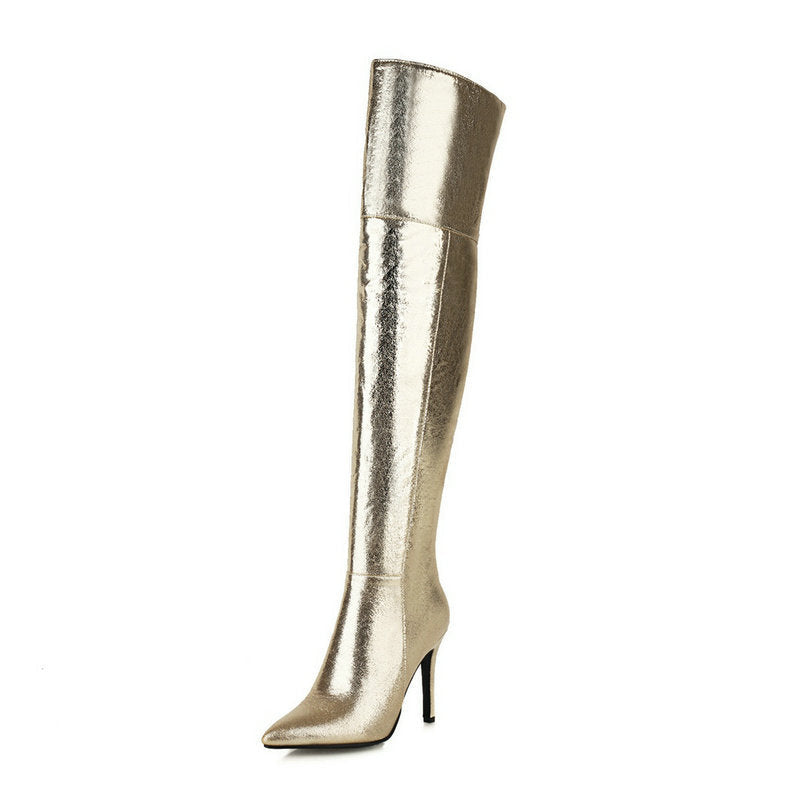 size 13 metallic silver gold stiletto heels pointed toe thigh high boots for ballroom party