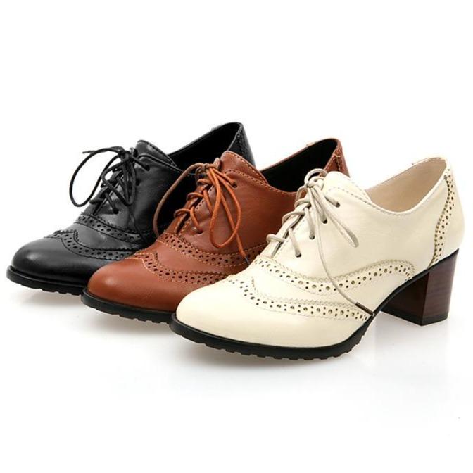 Size 10.5 Women's chunky mid-heel brogue oxfords shoes font lace loafers