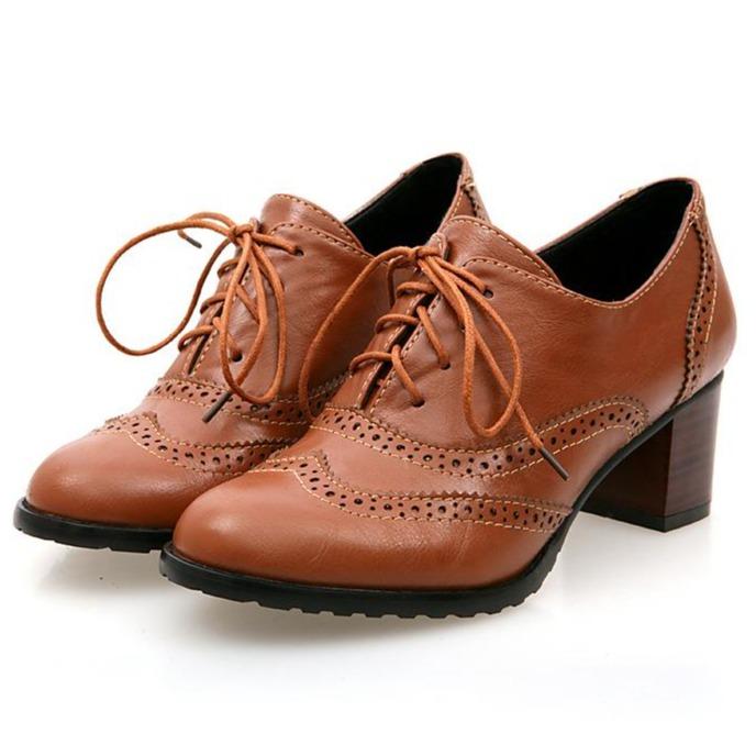 Size 10.5 Women's chunky mid-heel brogue oxfords shoes font lace loafers