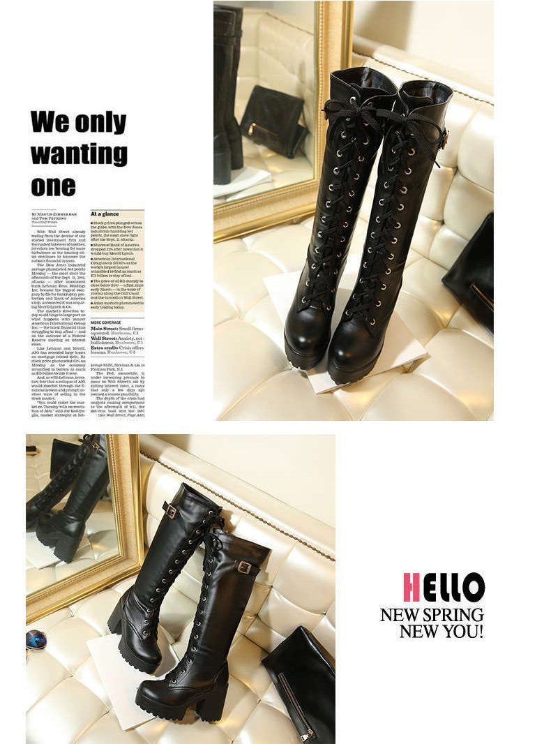 Women Platform Chunky Heel Lace Up Long Boots - fashionshoeshouse