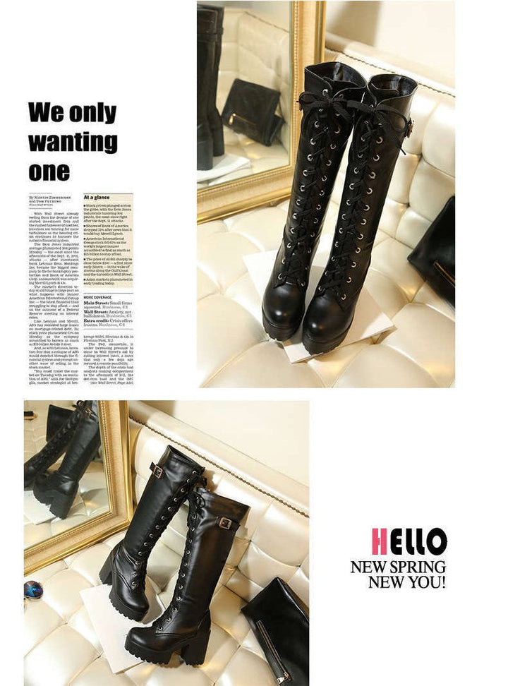 Women Platform Chunky Heel Lace Up Long Boots - fashionshoeshouse