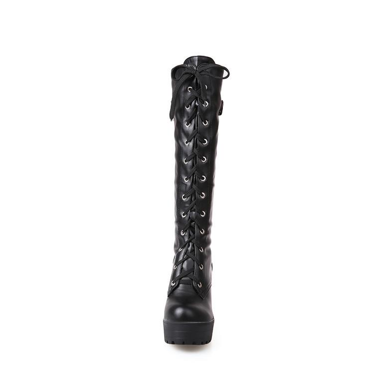 Women Platform Chunky Heel Lace Up Long Boots - fashionshoeshouse