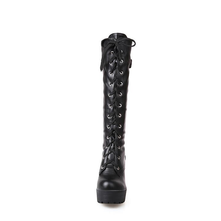 Women Platform Chunky Heel Lace Up Long Boots - fashionshoeshouse