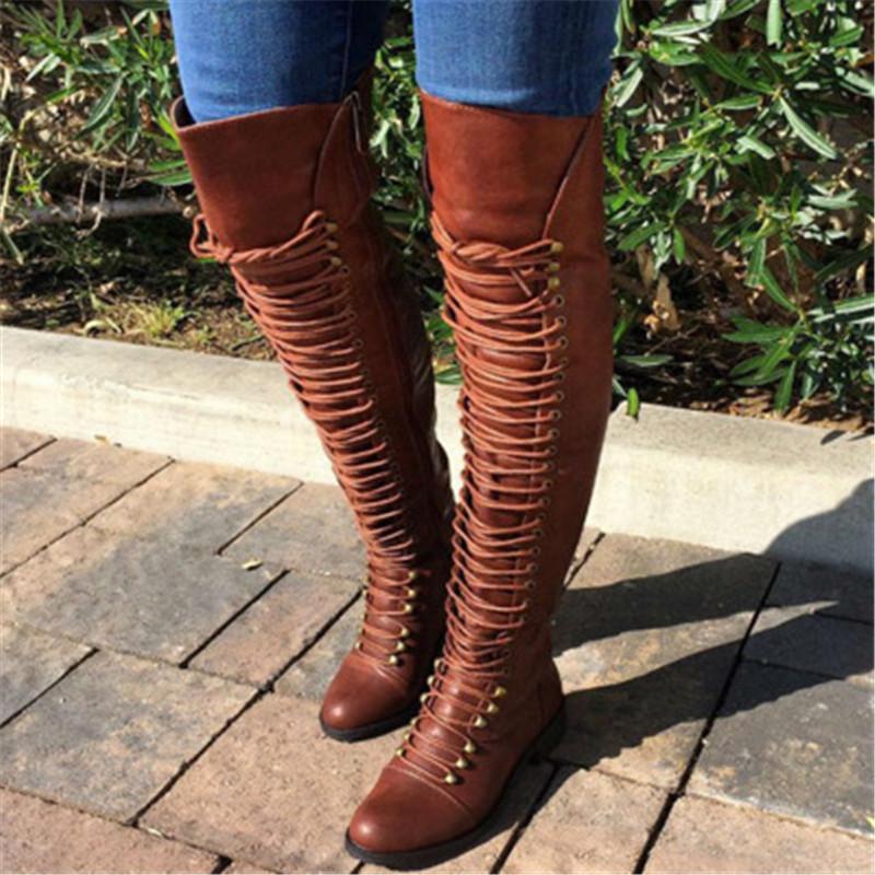 Size 10.5 Women's low heel thigh high zipper boots with front lace women boots