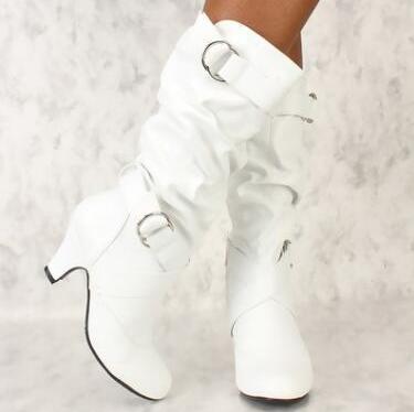 Pure Color Wineglass Heel Double Breasted Strap Buckle Wide Mid Calf Boots - fashionshoeshouse