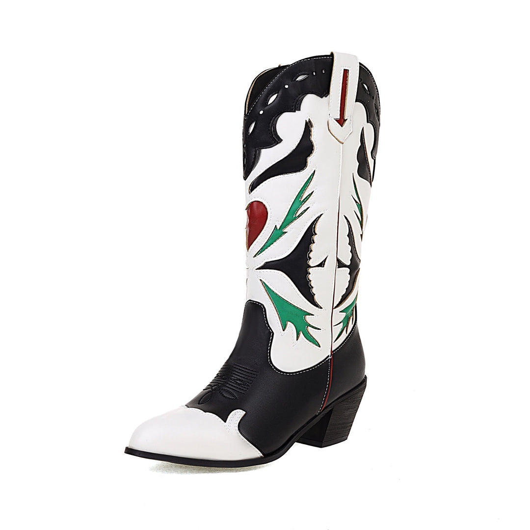 Size 14 heart patterned black white mid calf cowboy boots