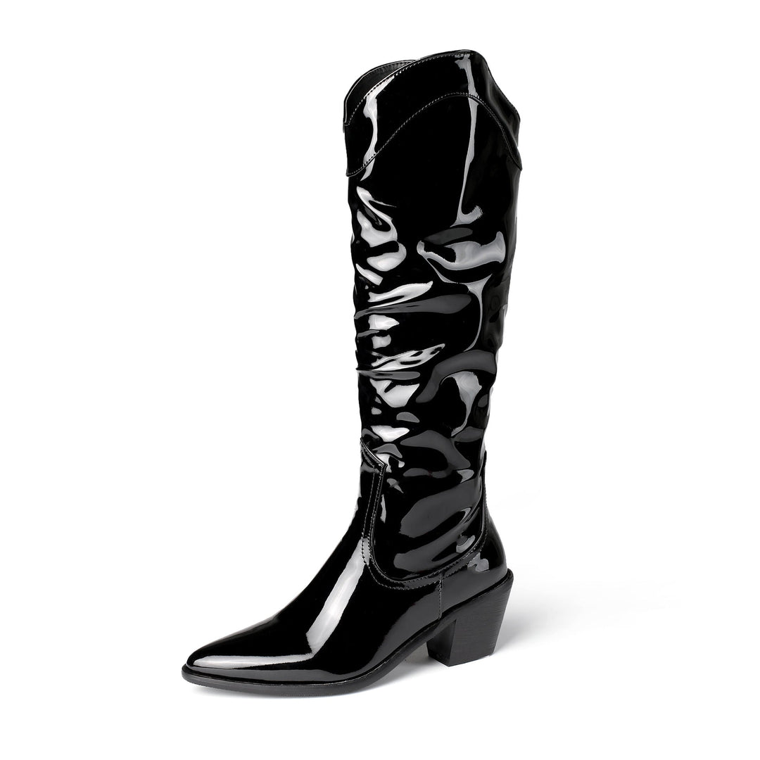 Size 12 mid calf slouchy PU patent leather knight boots