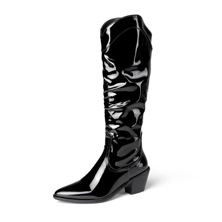 Size 12 mid calf slouchy PU patent leather knight boots