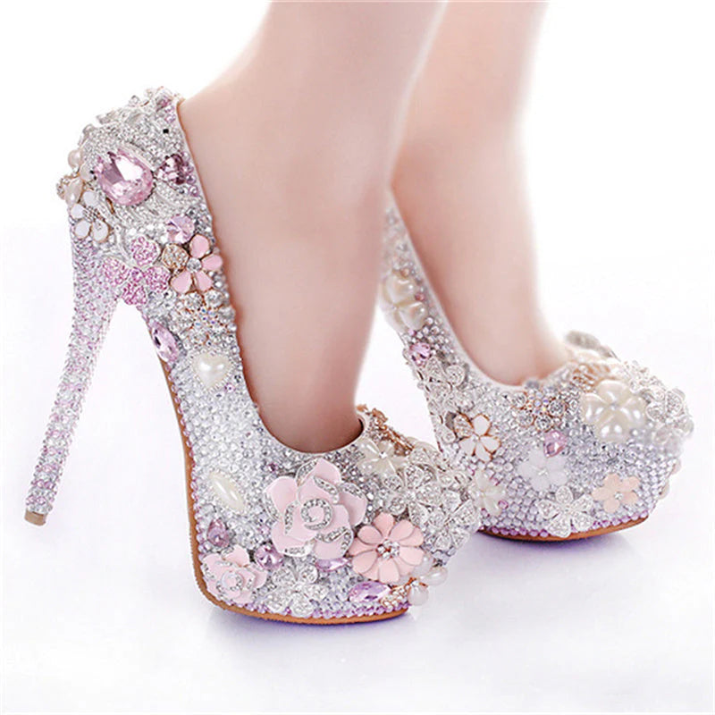 Luxury rhinestone pearls crystal flowers decor light pink stiletto pumps for wedding party banquet