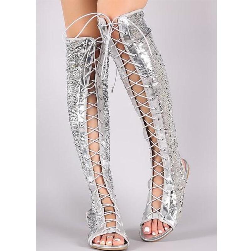 Size 11 sequins shining knee high gladiator sandals peep toe