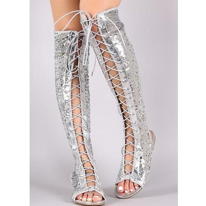 Size 11 sequins shining knee high gladiator sandals peep toe