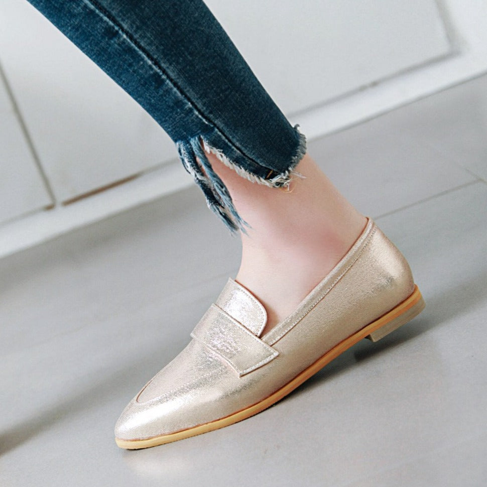 Women's silver gold metallic pointed toe loafers casual daily flats