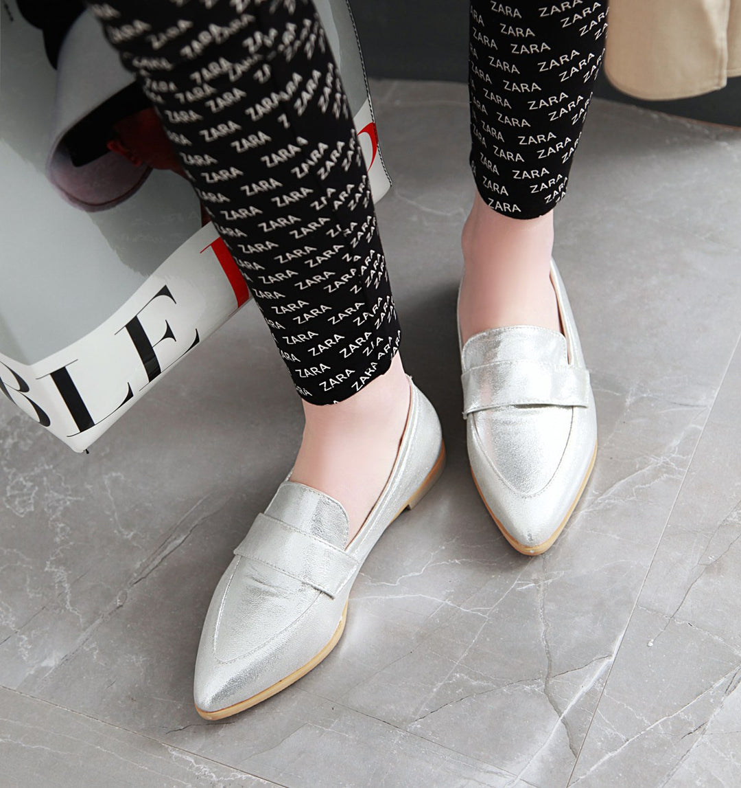 Women's silver gold metallic pointed toe loafers casual daily flats