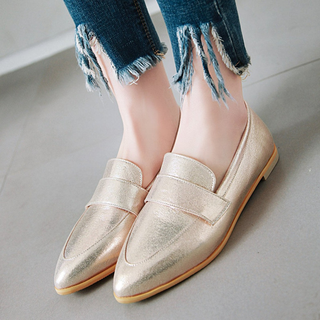 Women's silver gold metallic pointed toe loafers casual daily flats