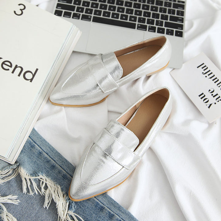 Women's silver gold metallic pointed toe loafers casual daily flats
