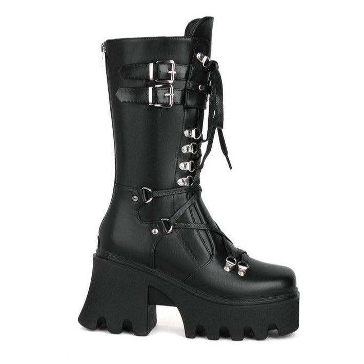Size 11 Black punk chunky platform lace-up mid calf boots