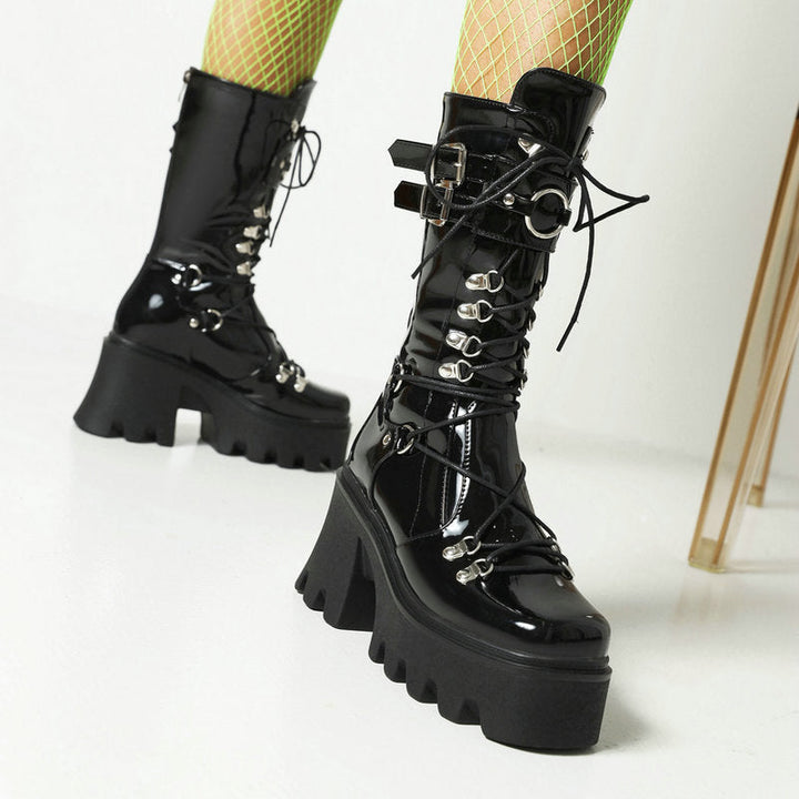 Size 11 Black punk chunky platform lace-up mid calf boots