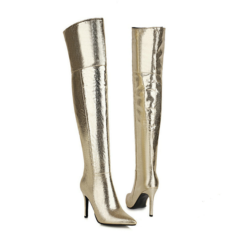 size 13 metallic silver gold stiletto heels pointed toe thigh high boots for ballroom party