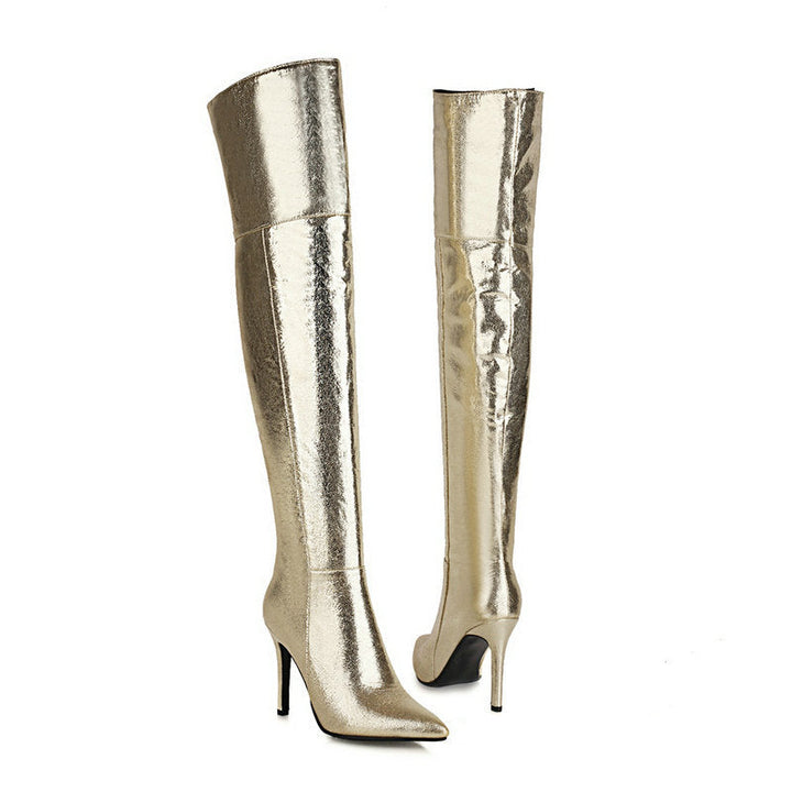 size 13 metallic silver gold stiletto heels pointed toe thigh high boots for ballroom party