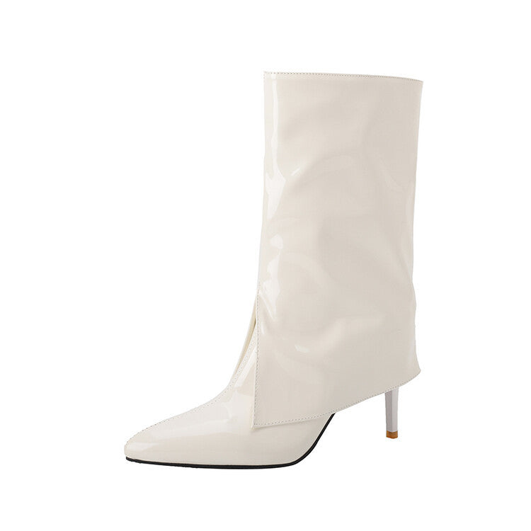 Size 13 fashion PU patent leather mid calf trouser boots