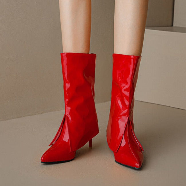 Size 13 fashion PU patent leather mid calf trouser boots