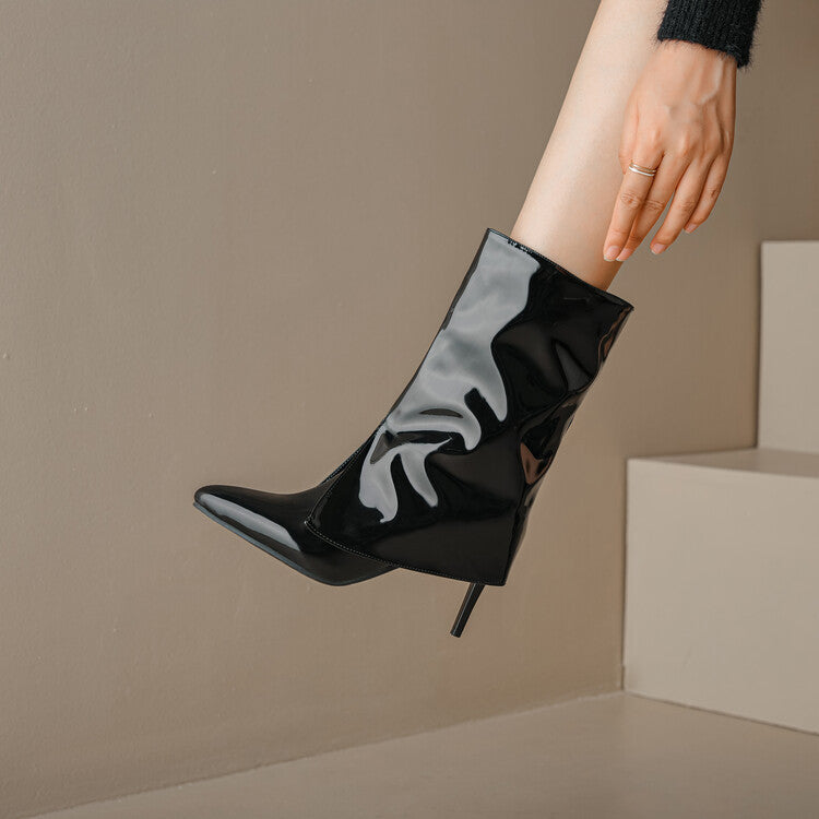 Size 13 fashion PU patent leather mid calf trouser boots