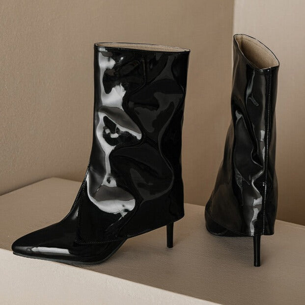 Size 13 fashion PU patent leather mid calf trouser boots