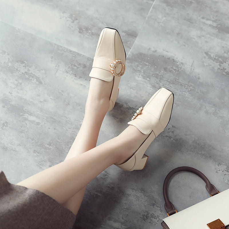 size 12 women heeled loafers rhinestone buckle slip on loafers