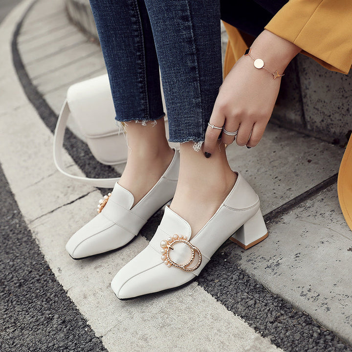 size 12 women heeled loafers rhinestone buckle slip on loafers