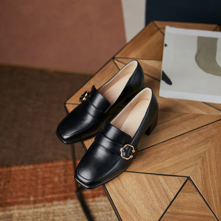 size 13.5 women heeled loafers square toe buckle slip on loafers