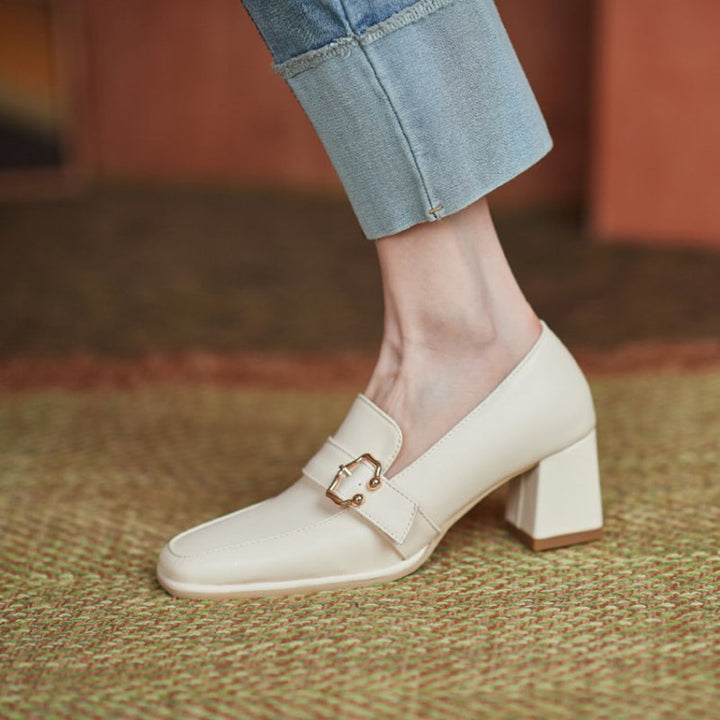 size 13.5 women heeled loafers square toe buckle slip on loafers