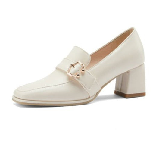 size 13.5 women heeled loafers square toe buckle slip on loafers