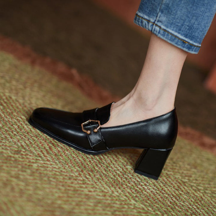 size 13.5 women heeled loafers square toe buckle slip on loafers