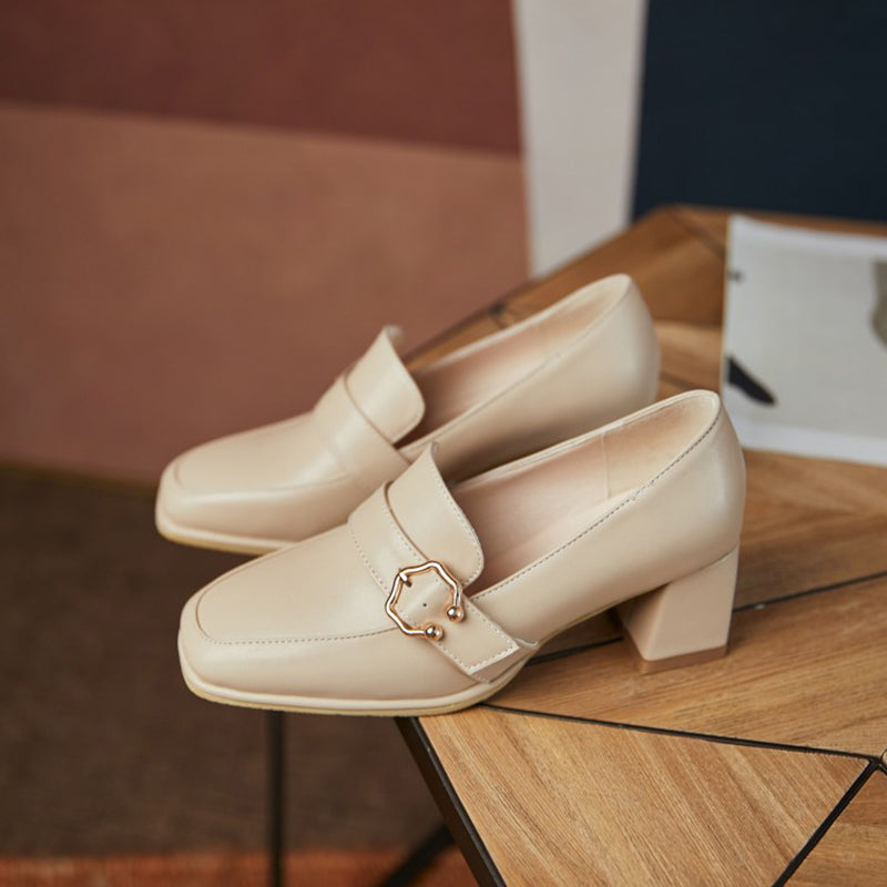 size 13.5 women heeled loafers square toe buckle slip on loafers