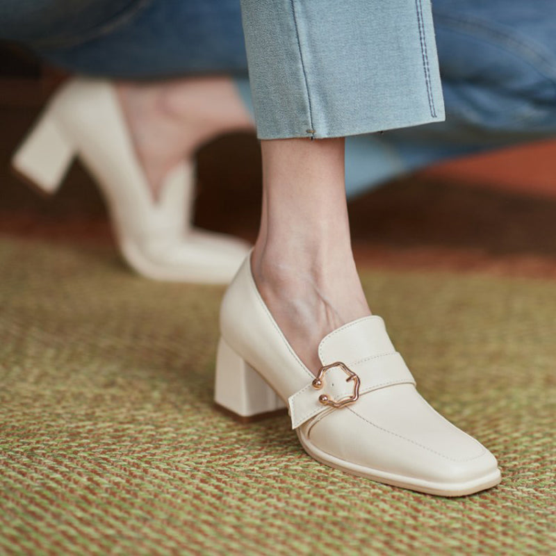 size 13.5 women heeled loafers square toe buckle slip on loafers