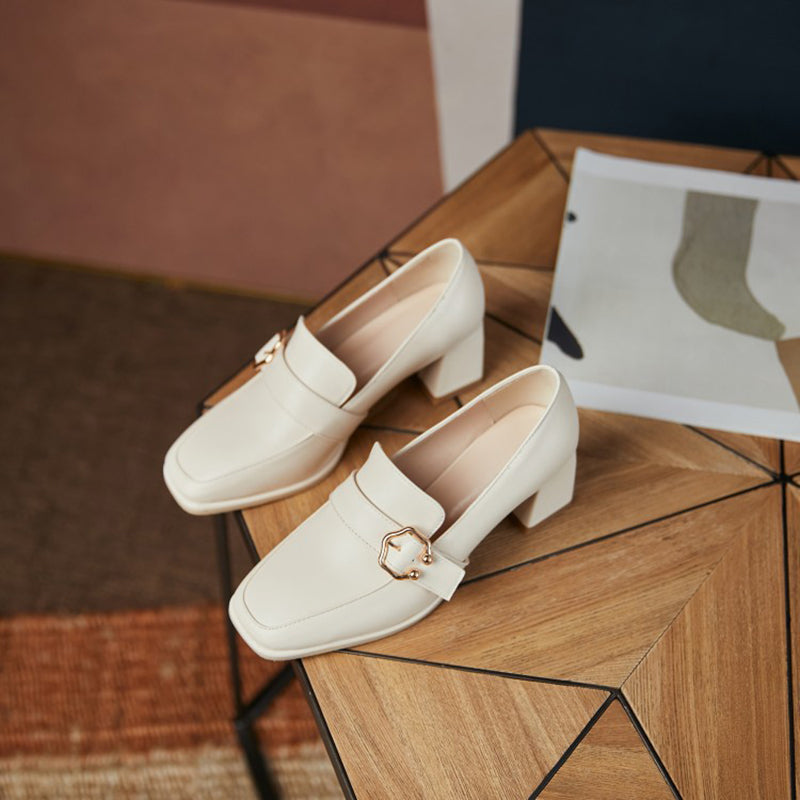 size 13.5 women heeled loafers square toe buckle slip on loafers