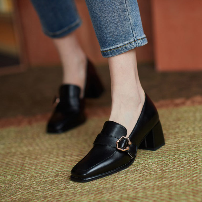 size 13.5 women heeled loafers square toe buckle slip on loafers