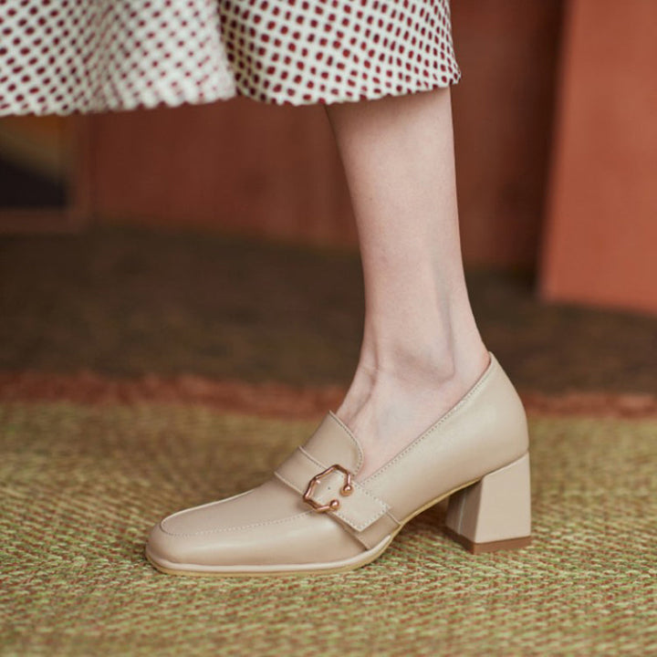 size 13.5 women heeled loafers square toe buckle slip on loafers