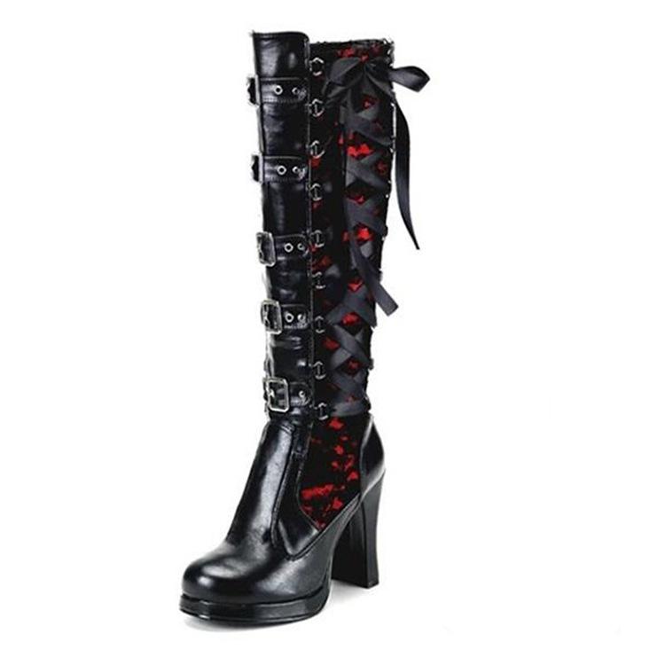 Fashion Chunky Rivet Long Black Platform Boots For Women - fashionshoeshouse