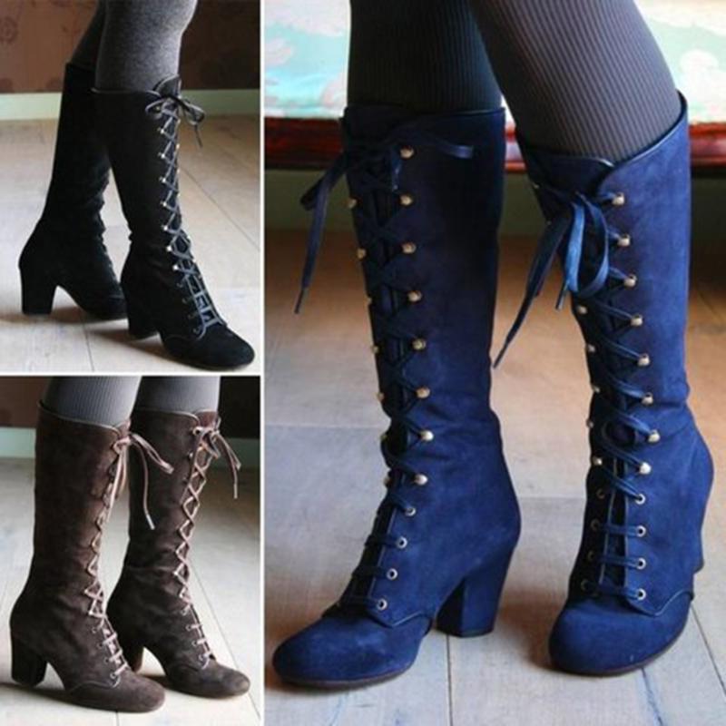 Women Fashion Chunky Lace Up Steampunk Gothic Vintage Style Retro Punk Boots - fashionshoeshouse