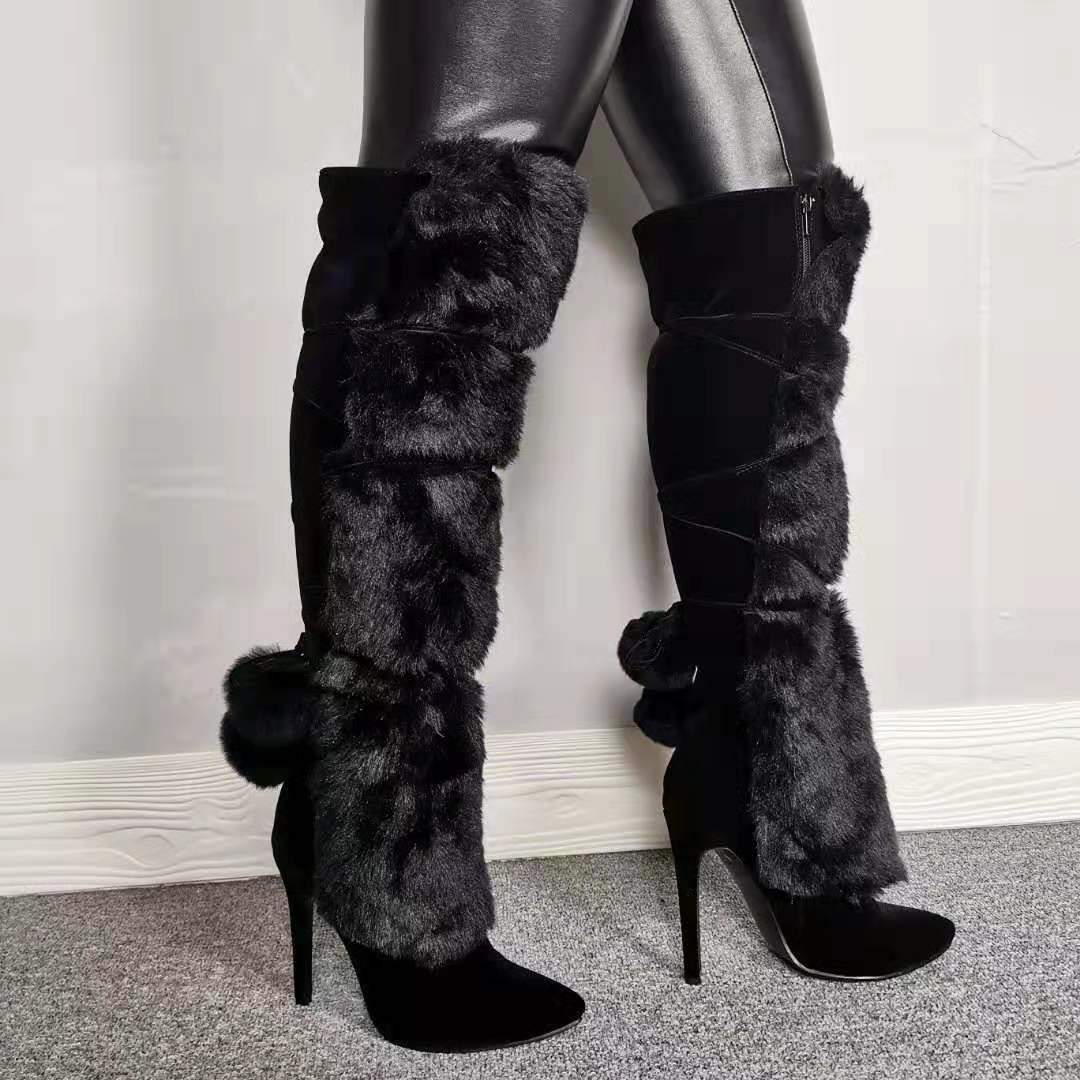 Size 13 black furry stiletto heels pom pom knee high boots