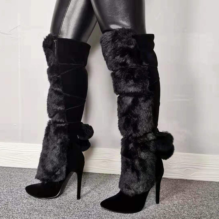 Size 13 black furry stiletto heels pom pom knee high boots