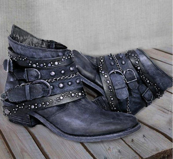 Size 10.3 ankle boots Retro buckle strap women's motorcycle boots