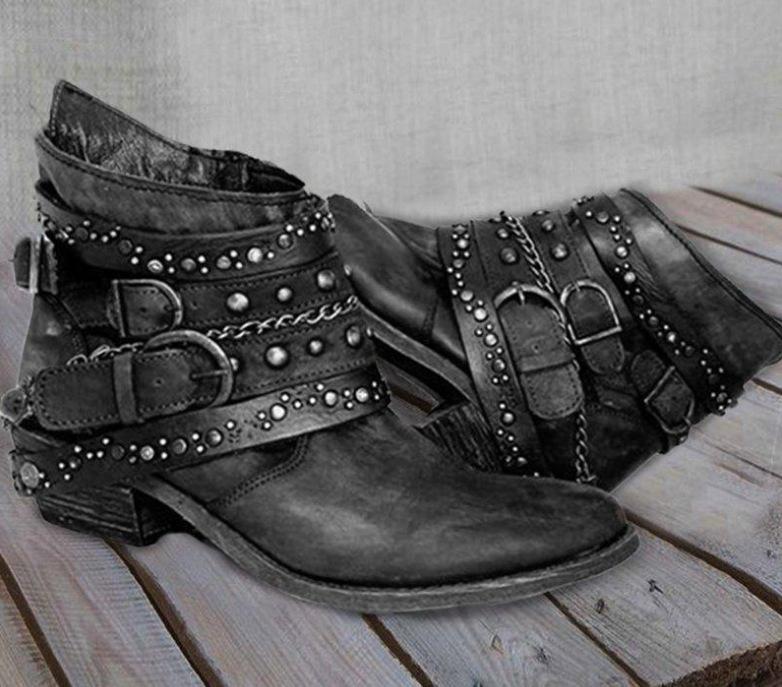 Size 10.3 ankle boots Retro buckle strap women's motorcycle boots