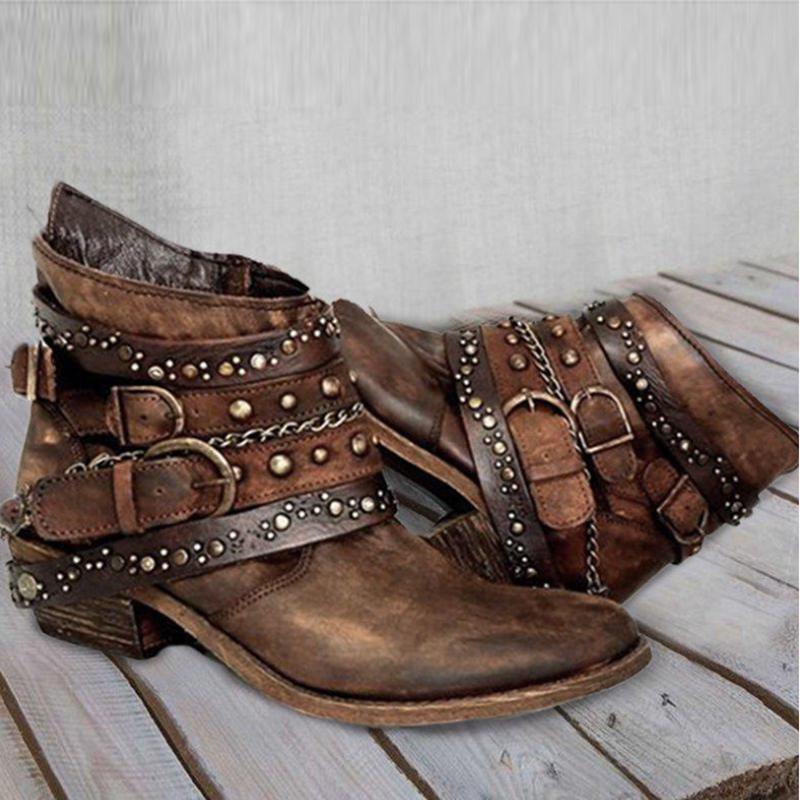 Size 10.3 ankle boots Retro buckle strap women's motorcycle boots