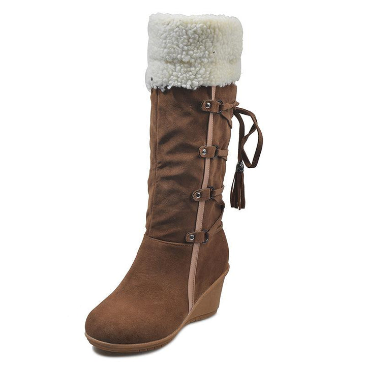 Size 10.5  lace-up Women's plush cuff back mid calf snow boots