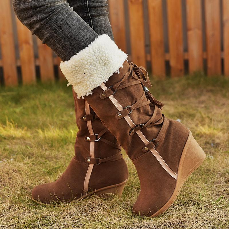 Size 10.5  lace-up Women's plush cuff back mid calf snow boots