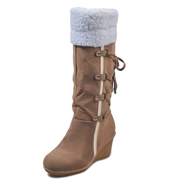 Size 10.5  lace-up Women's plush cuff back mid calf snow boots