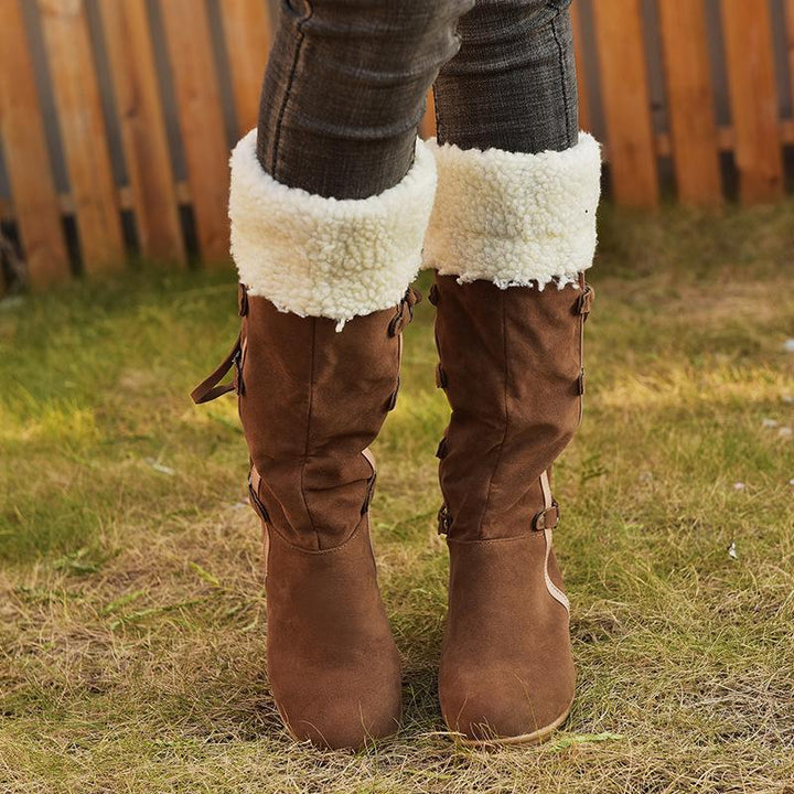 Size 10.5  lace-up Women's plush cuff back mid calf snow boots